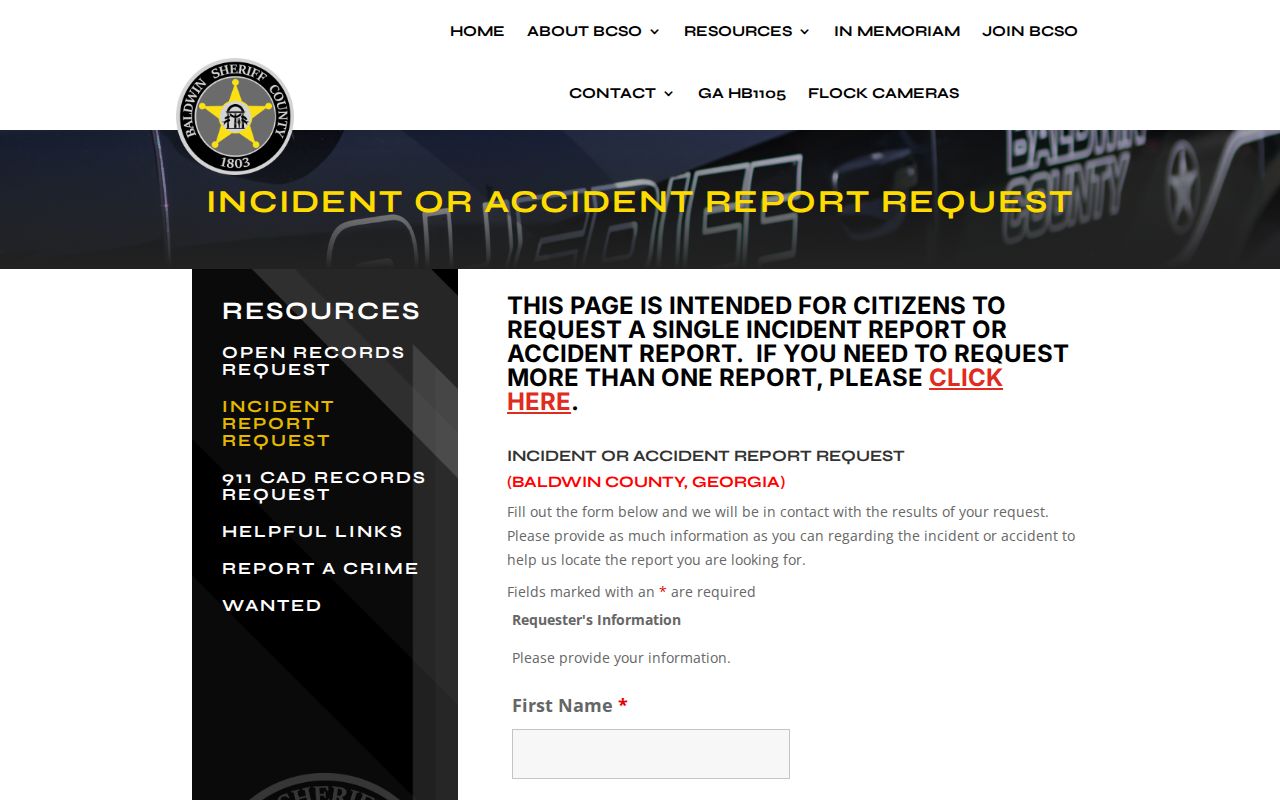 Baldwin County criminal incident report request form