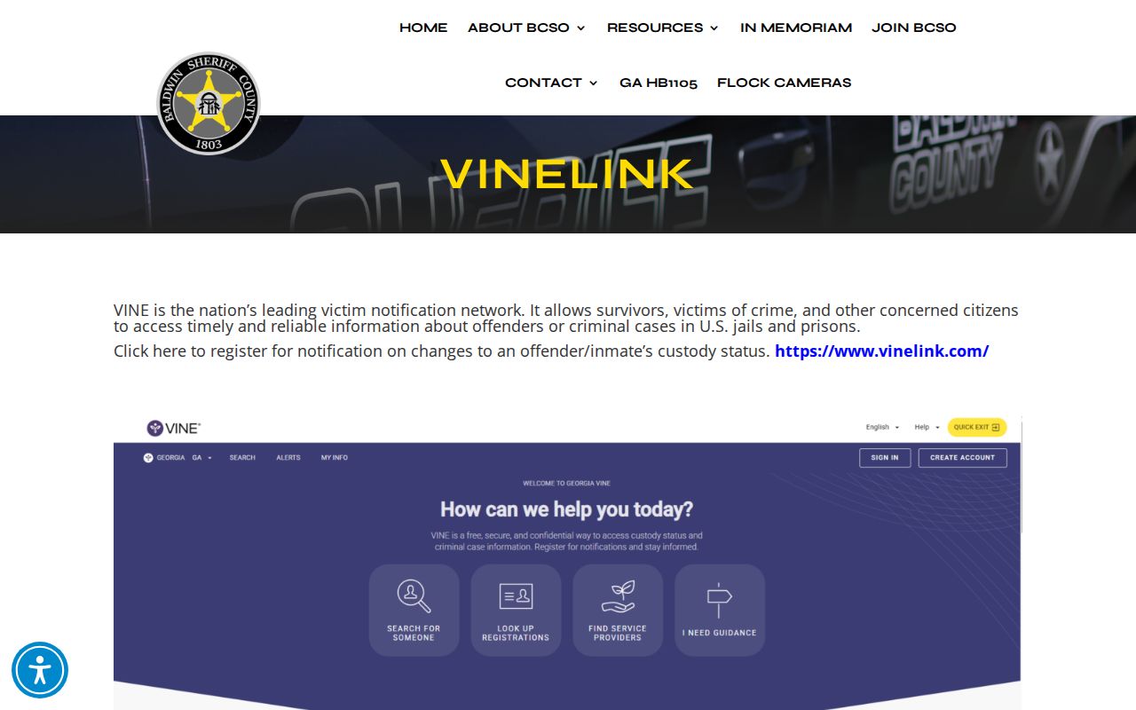Baldwin County arrest custody notification through VINELink