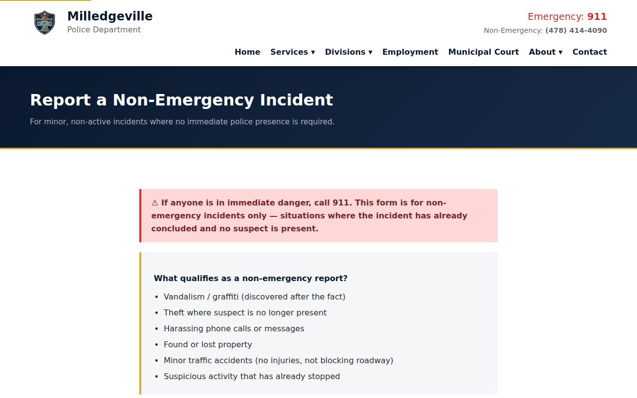 Milledgeville online incident report form for city police records